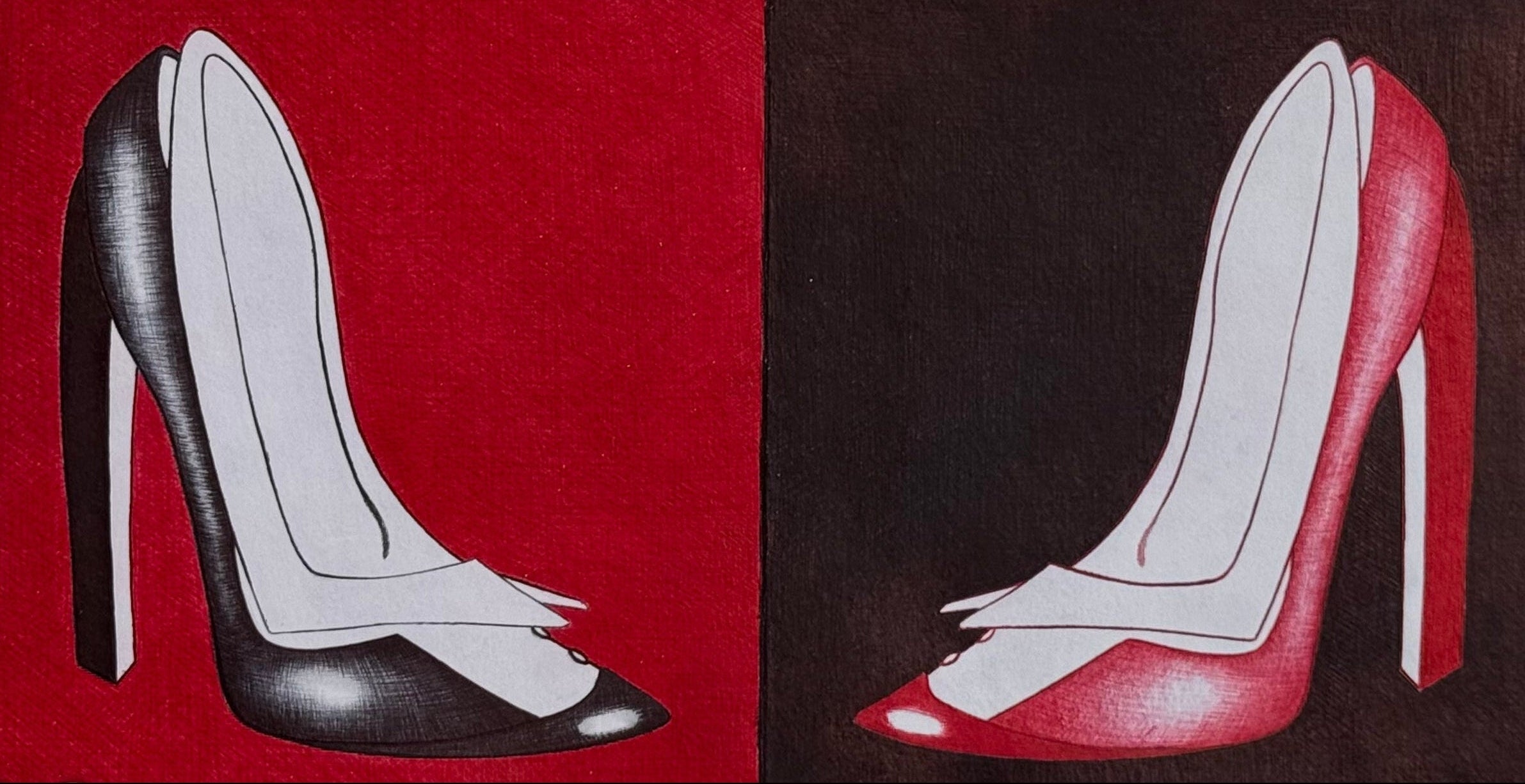 Two tuxedo stilettos, one black and one red, on a red and black background.